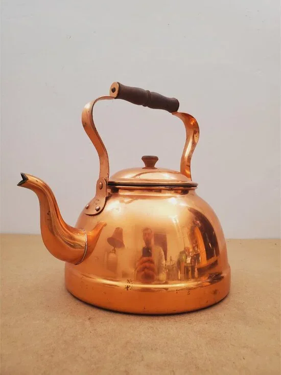 Vintage Copper Kettle with Brass & Wood Handle Antique Copper Kettle/Teapot - Picture 3 of 16